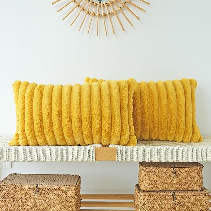 JOJUSIS Pack of 2 Faux Fur Plush Decorative Throw Pillow Covers Couch Cushion Case Soft Pillowcases (Mustard Yellow, 12 x 20-Inch)