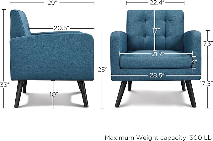 Yaheetech Mid-Century Accent Chairs, Modern Upholstered Living Room Chair, Cozy Armchair Button Tufted Back and Wood Legs for Bedroom/Office/Cafe, Set of 2, Navy Blue