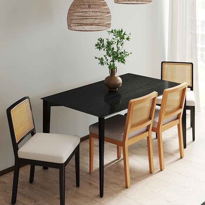 LukeAlon Farmhouse Rattan Dining Chairs Set of 2, Mid Century Modern Linen Kitchen & Dining Chairs with Solid Wood Legs, Woven Cane Upholstered Kitchen Chairs Side Chairs for Dining Room, Beige