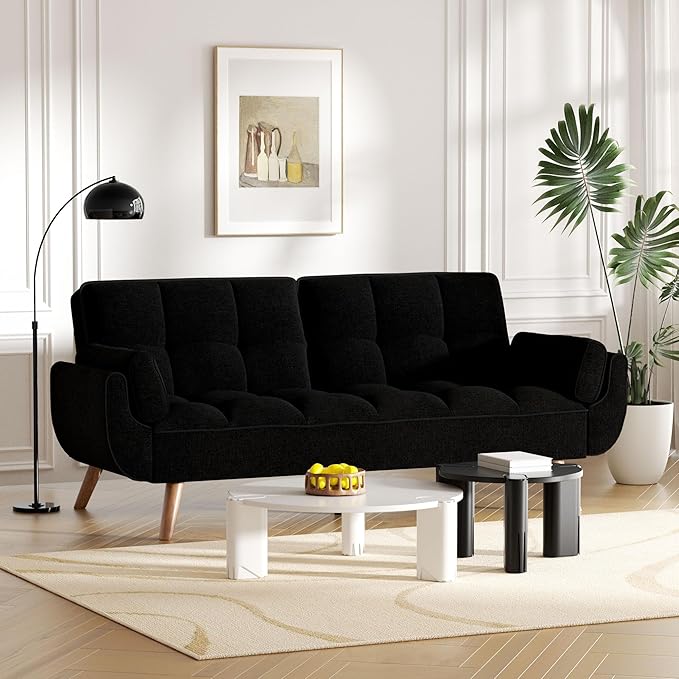 Futon Couch for Small Spaces & Apartment, 2-in-1Modern Comfy Loveseat Convertible Sofa Bed, 75.4-Inch Compact Design for Living Room, Dorms, and Studios-Black