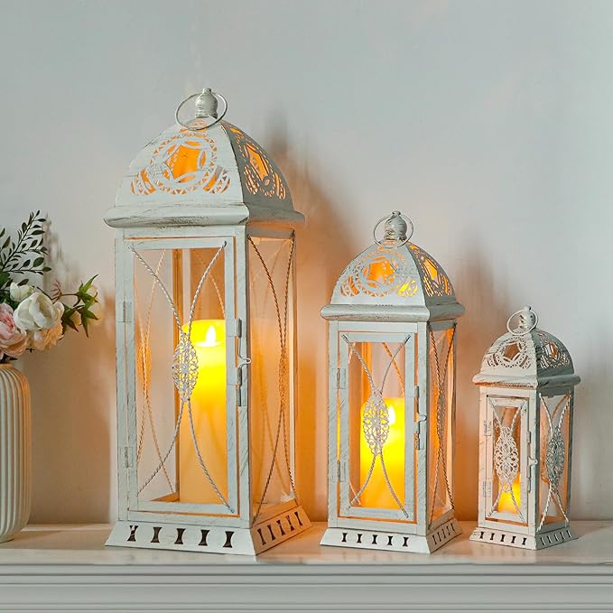 TRIROCKS Set of 3 Decorative Candle Lanterns 22''&16"&11" H Vintage Metal Candle Holders for Garden Yard Patio Wedding Parties Events Indoors Outdoors(Beige with Gold Brush)