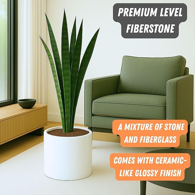 Fox & Fern Large 12 Inch Planter — Premium Lightweight Fiberstone Glossy White Plant Pot; Drainage Plug; Large Indoor & Outdoor Floor Planter; 12 Inch Pots for Plants; Weather Resistant & UV Resistant