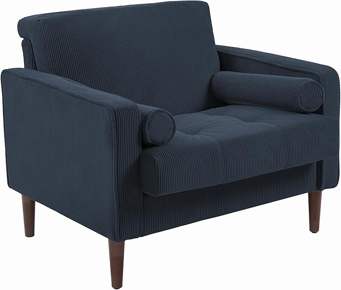 UIXE Accent Chair, Corduroy Upholstered Arm Chairs for Living Room, Comfy Armchair Mid-Century Track Armrest Single Sofa Bedroom Reading Seat with 2 Bolster Pillows - Navy Blue, Set of 2