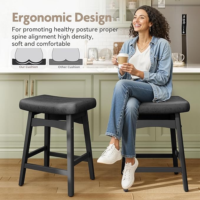 MAISON ARTS Black Counter Height Bar Stools Set of 3 for Kitchen Counter Solid Wood Legs with Faux Leather Saddle Seat Farmhouse Barstools for 34"-38" Counter Island Upholstered Stools, 24in Height