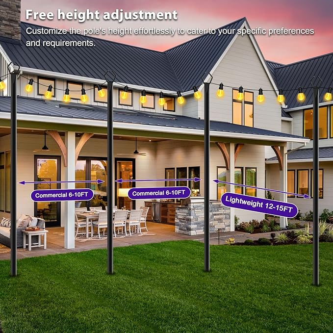 zoegi 4 Pack 10Ft String Light Poles,Light Poles for Outside Lights with Fork,Outdoor Brackets Hanging Lights,Metal Stand for Deck Patio,Backyard,Wedding,Deck,Party