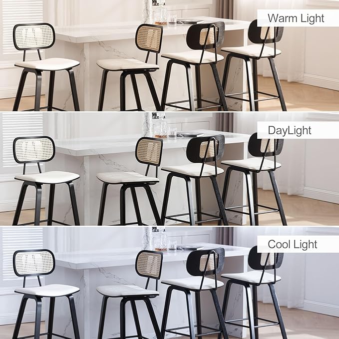 Counter Height Bar Stools Set of 3, 26" PU Leather Upholstered Rattan Barstools, Mid Century Modern Bar Chairs with Black Wood Legs, Armless Walnut Kitchen Island Dining Bar Chair, White
