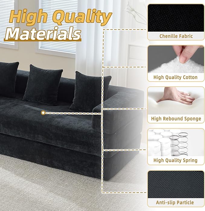 Convertible Floor Sofa Bed with Storage Pocket, Chenille Folding Mattress Sofa with Zipper Closure, Floor Lounge Couch for Living Room, Bedroom, Studio -Chenille Black