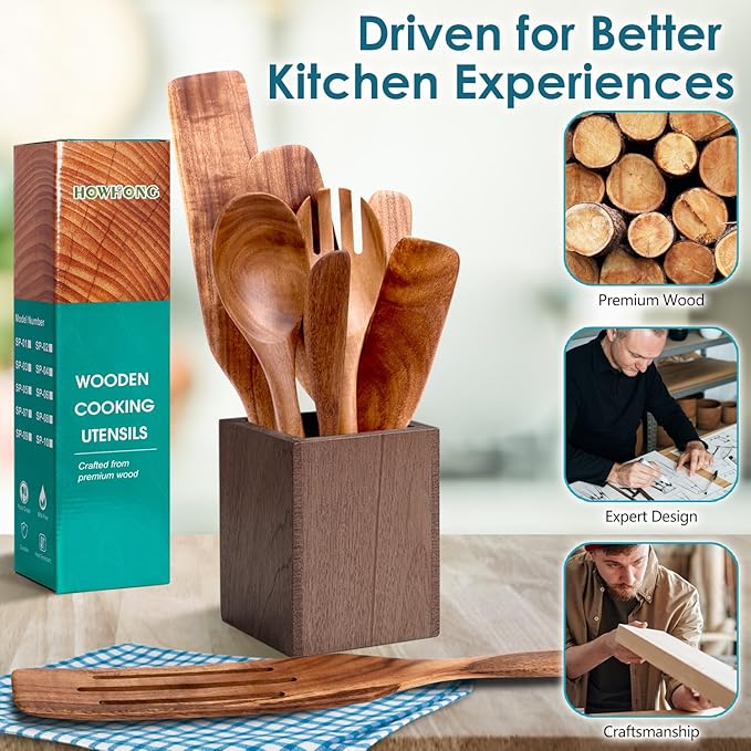 Kitchen 8-Piece Acacia Wood Spurtle Utensil Set – Wooden Cooking Spoons with Slotted Spatula, Salad Fork, Butter Knife & Kitchen Tools, Nonstick Cookware Safe by Howhong