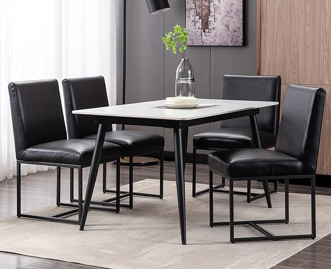VESCASA Faux Leather Upholstered Dining Chairs with Black Metal Frame, Mid Century Modern Padded Kitchen Chair with Adjustable Foot Pads for Restaurant, Dining Room, Set of 4, Black
