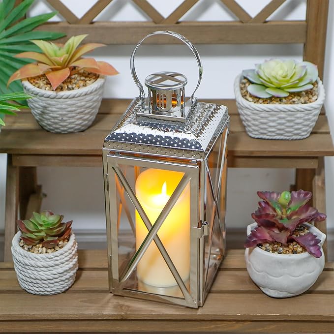 TRIROCKS 14" H Stainless Steel Lantern Square Elegance Metal Candle Lanterns Candle Holder with Tempered Glass for Home Garden Indoor Outdoor Decor Celebratory