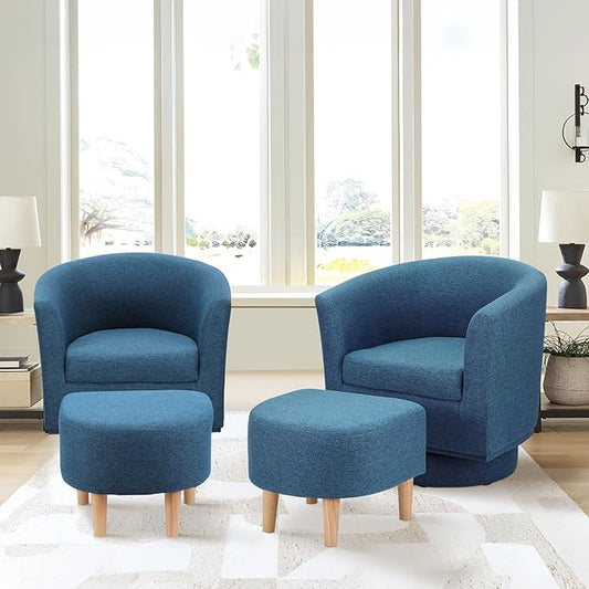 DAZONE Accent Chairs Set of 2, Blue Barrel Chair with Ottoman, Comfy Armchair for Small Spaces, 360° Modern Fabric Lounge Chair for Living Room, Bedroom, Reading Nook, Home Office