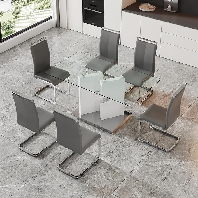 Glass Dining Table Set of 6, 63" Dinner Room Glass Table Set for 6, Modern Kitchen Dinner Table Set with 6 Upholstered Faux Leather Dining Chairs for Living Dining Office Room