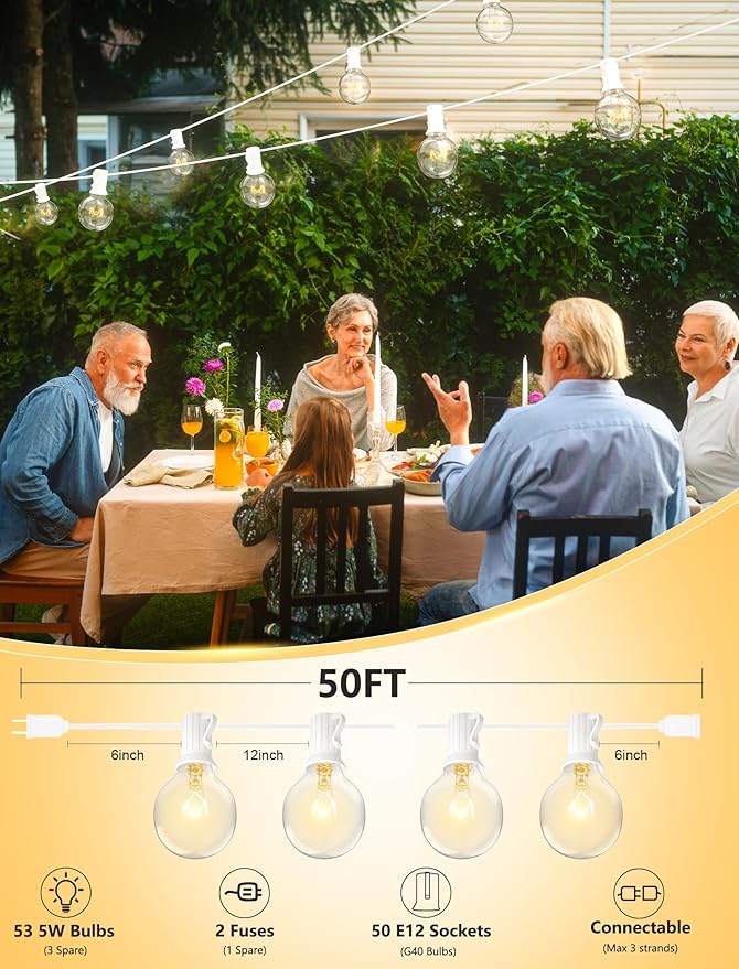 50Ft Outdoor Patio String Lights G40 Connectable Globe Lights with 53 Clear Globe Bulbs(3 Spare), UL Listed Garden Light for Indoor Outdoor Commercial Decor, 50 Hanging Sockets, 5W/E12 Base, White