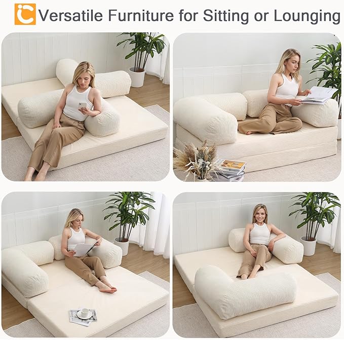 COMAX Folding Sofa Bed Queen, 4-in-1 Foldable Floor Couch Convertible Futon Sofa with Armrests Sleeper Mattress Chair Bed Comfy Portable Fold Out Lounge Guest for Living Room Bedroom, Beige