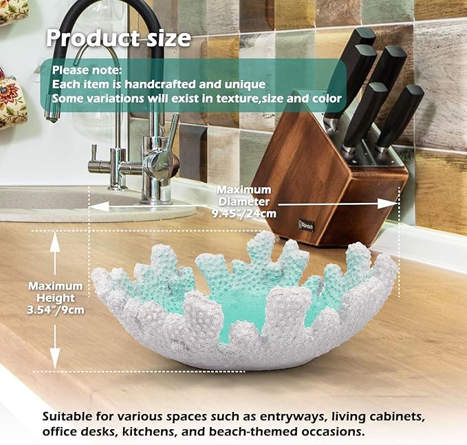 Turquoise Coral Textured Decorative Bowl,9.45" Medium Resin Decorative Centerpiece Bowl for Coastal Beach theme house table centerpiece decorations & Nautical decorations for coffee table