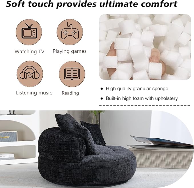 42'' Oversized Round Chair, Single Lounge Chaise Upholstered Sofa Bed with Deep Seat, Chenille Bean Bag Chiar with Pillows for Living Room, Bedroom, Apartment, Reading, No Assembly (Black)