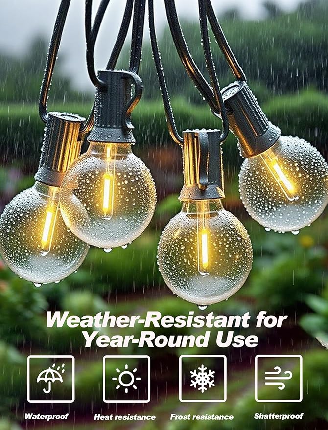 50FT Outdoor String Lights, G40 Globe String Lights with 25 Bulbs& 2 Spare, Waterproof Warm White Lights Indoor, Connectable Patio Lights for Outside Backyard Wedding Bistro Party Decor