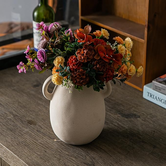 Off-White Ceramic Vase with 2 Handles, Sandstone Texture for Modern Farmhouse Decor, Rustic Pottery, Decorative Flower Vase, Clay Small Vase, Centerpiece for Dining Table - 7 Inch Tall