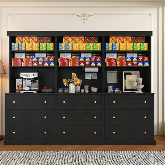 71" Tall Farmhouse Kitchen Pantry, Large Storage Cabinet with Drawers, Freestanding Coffee Bar Hutch with Microwave Stand, Adjustable Shelves for Kitchen, Living Room, Black 3 Pcs