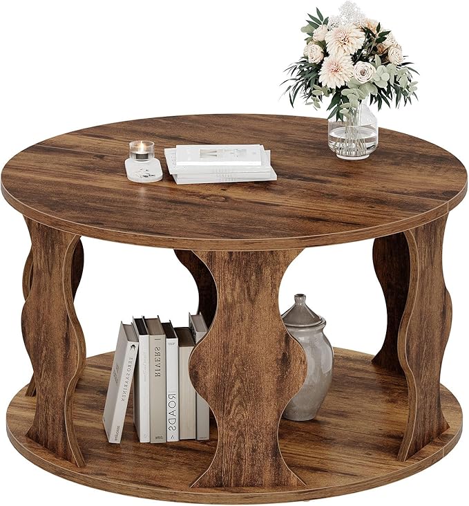 HSH Round Wood Coffee Table, Rustic Brown Circle Center Table with Storage, Farmhouse Wooden Living Room Coffee Tea Tables in Small Room, Unique Vintage 2 Tier Circular Middle Cocktail Table, 31.5 in