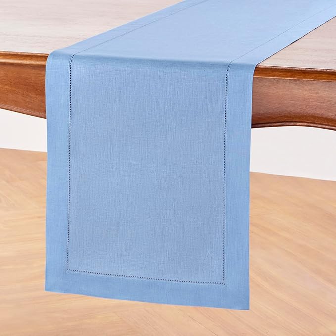 Solino Home Linen Cornflower Blue Hemstitch Table Runner 48 Inches - 100% Pure Linen Small Table Runner 14 x 48 Inch Ideal for Dresser and Coffee Tables - Classic Hemstitch - Christmas, Holiday