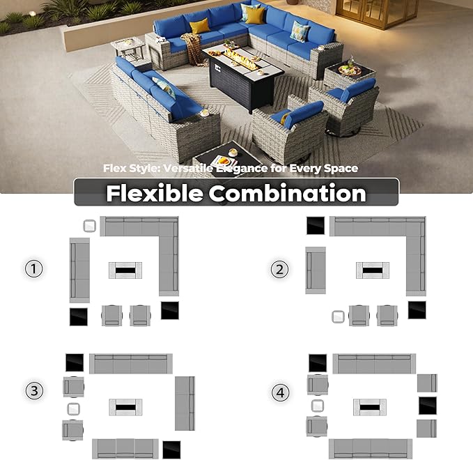 ovios 16 Pieces Patio Furniture Set, Outdoor Wicker Sectional Sofa with 54" Fire Pit Table Swivel Chairs, Modern Modular Deep Seat Rattan Couch Conversation Sets, Navy Blue