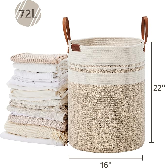 VIPOSCO Tall Laundry Basket, Large Dirty Clothes Hamper with Leather Handle, Woven Rope Storage Basket for Blanket, Toy In Living Room, Bathroom, Bedroom - 72L Brown & White