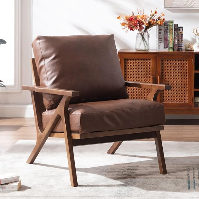 Wahson Brown Leather Accent Chair Mid Century Modern Chair, Retro Upholstered Armchair with Wood Frame and Removable PU Cushions, Large Compfy Leisure Slipper Chair for Living Room/Bedroom