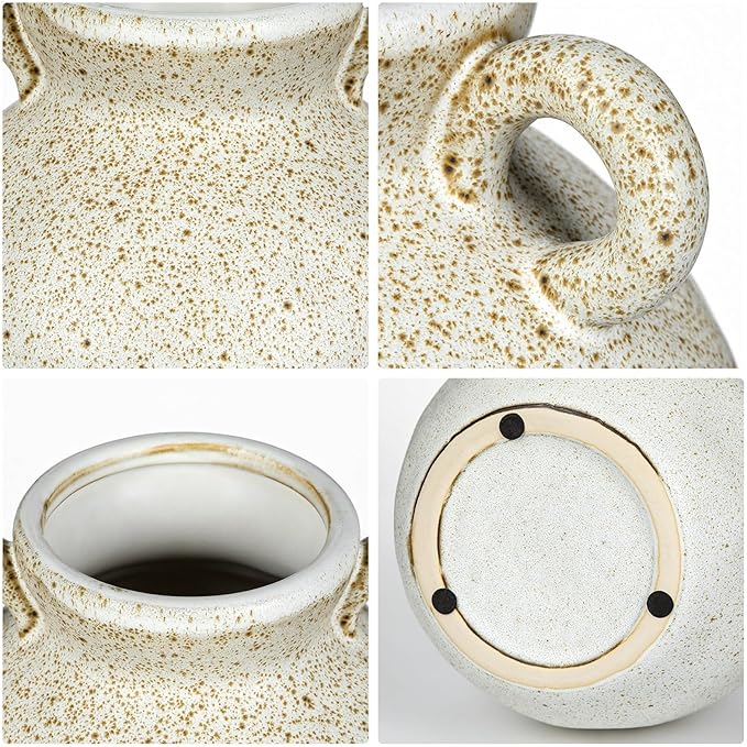 Rustic Ceramic Farmhouse Flower Vase with 2 Handles, Large Vases for Home Decors, Living Room, Bookshelf, Office, Grand Millennial Decor 8.2 Inch