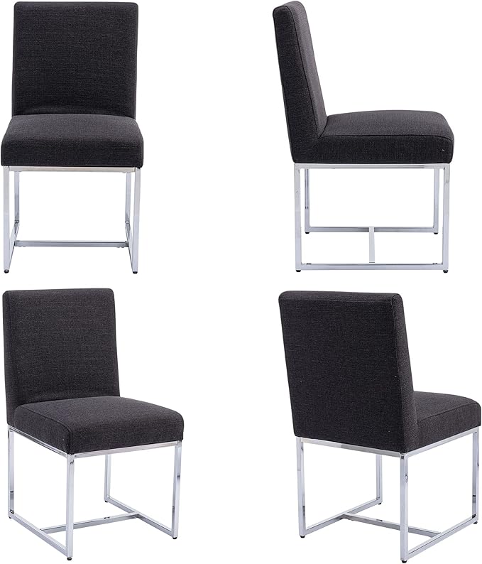 VESCASA Linen Upholstered Dining Chairs Set of 4, Mid Century Modern Padded Chair with Chrome Metal Frame for Restaurant, Dining Room, Kitchen, Charcoal
