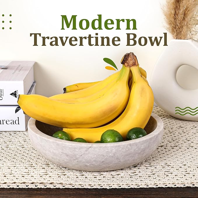 Travertine Decorative Bowl - 7.8” Diameter & 2” Height - Key Bowl for Entryway Table - Organic Modern Centerpiece - White/Gray