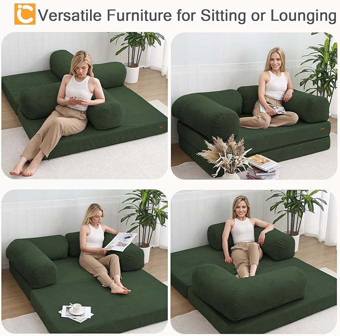COMAX Futon Sofa Bed, 4-in-1 Floor Foldable Sofa Couch Bed Queen with L-Shaped Armrests, Convertible Folding Chair Bed Sleeper Mattress Fold Out Comfy Lounge for Living Room Bedroom, Green
