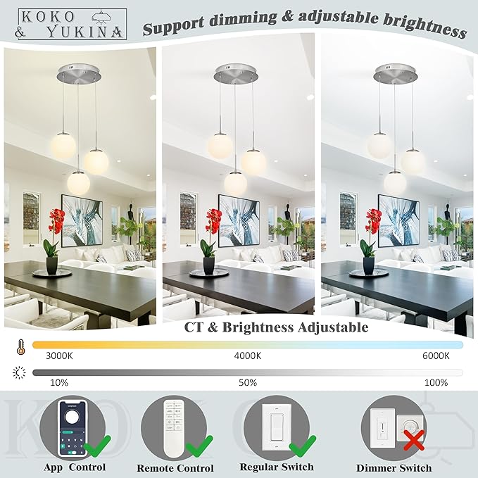 KoKo&Yukina 3-Light Globe Glass Pendant Light Modern Nickel Glass Chandelier Adjustable Length Pendant Lights Fixtures with Milky White Globe Ceiling Light for Kitchen Island (Bulb & Remote Incl.)