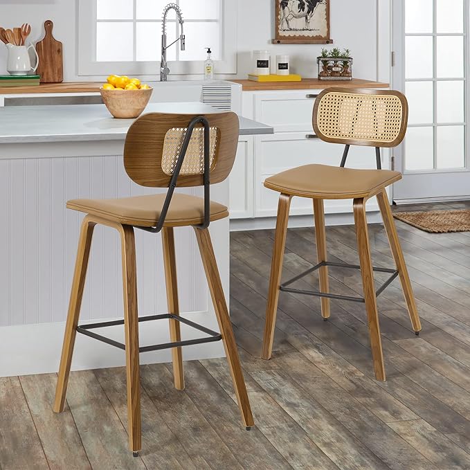 Counter Height Bar Stools Set of 2, Mid Century Modern Counter Stools, 26" Wood Kitchen Stool PU Leather Upholstered Barstool with Rattan Back, Counter Height Island Dining Bar Chair, Brown & Walnut