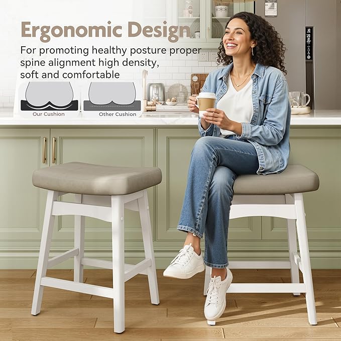 MAISON ARTS Beige Counter Height Bar Stools Set of 3 for Kitchen Counter Solid Wood Legs with Faux Leather Saddle Seat Farmhouse Barstools for 34"-38" Counter Island Upholstered Stools, 24in Height