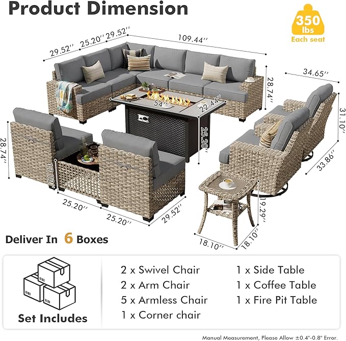 HOOOWOOO Outdoor Sectional Patio Furniture Set with Fire Pit Table,13 Pieces Wicker Conversation Sets L Shaped Couch,Extra Deep Out Door Sofa Outside Furniture with Swivel Chairs,Charcoal Gray