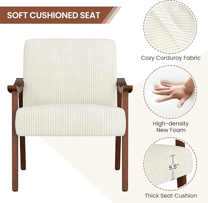 Yaheetech Corduroy Accent Chair, Mid-Century Modern Armchair with Solid Wood Legs, Reading Leisure Chair with High Back for Living Room Bedroom Waiting Room, Set of 2, Beige