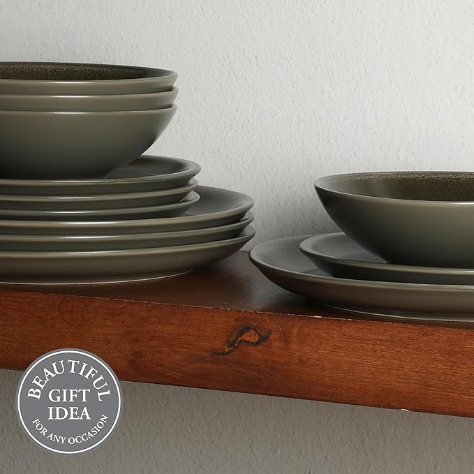 Gibson Elite 12 Piece (Service for 4) Lakecrest Plates and Bowls Reactive Glaze Round Dishes Stoneware Ceramic Dinnerware Set - Dark Green