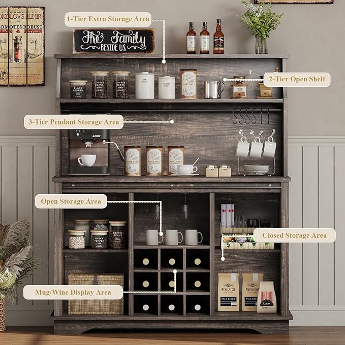 47 Inch Farmhouse Coffee Bar Cabinet with 3-Tier Storage, Coffee Bar Hutch with 9 Wine Racks, 3 Glass Holders, 6 Hooks, Kitchen Storage Cabinets for Dining Living Room, Oak