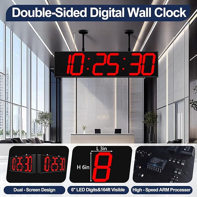Digital Clock Large Display 28" with Remote Control,Double-Sided Clock, Suspended Design for Hospitals, Factories, Airports.
