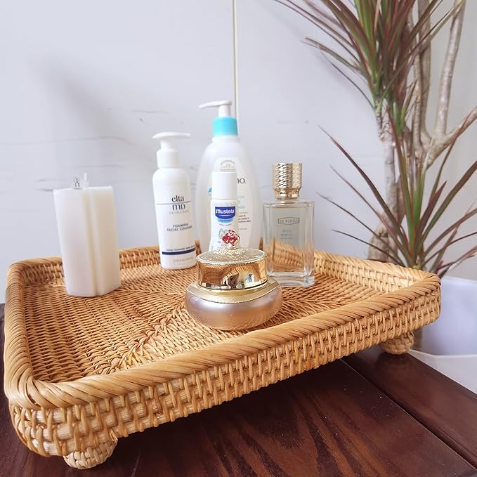 i-lan 12.5" Square Rattan Serving Basket - Square Woven Bread, Fruit, Keys Bowl Pedestal Stand with 1”Side,Flat Wicker Decorative Snack Basket Trays for Candy Dish,Rustic Platter,Display Riser