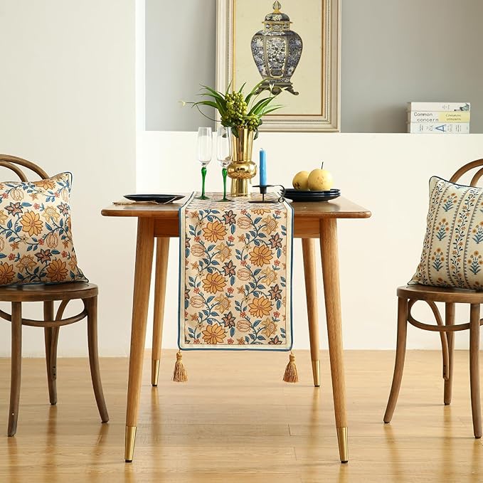 Designer Bohemian Elegant Linen Table Runner 71 Inches Long,Floral Pattern Duable Decor Table Runners for Dining Tables,Thanksgiving,Kitchen Tables,Christmas,12"*71"-Estevan B