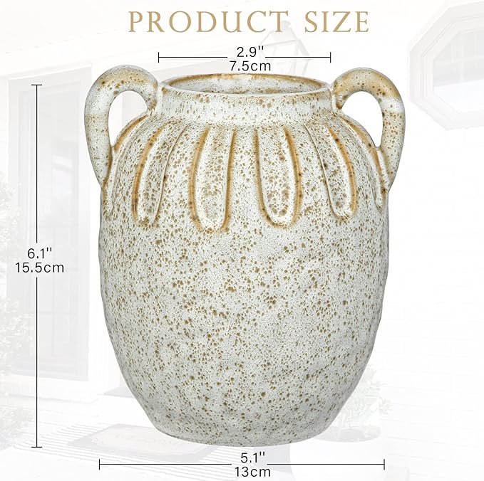 Vintage Ceramic Vase with 2 Handles,Farmhouse Boho Vase for Home Decor, Petal-Like Pluting Rustic Vase for Flower, Centerpiece Table Decoration 6.1 Inch