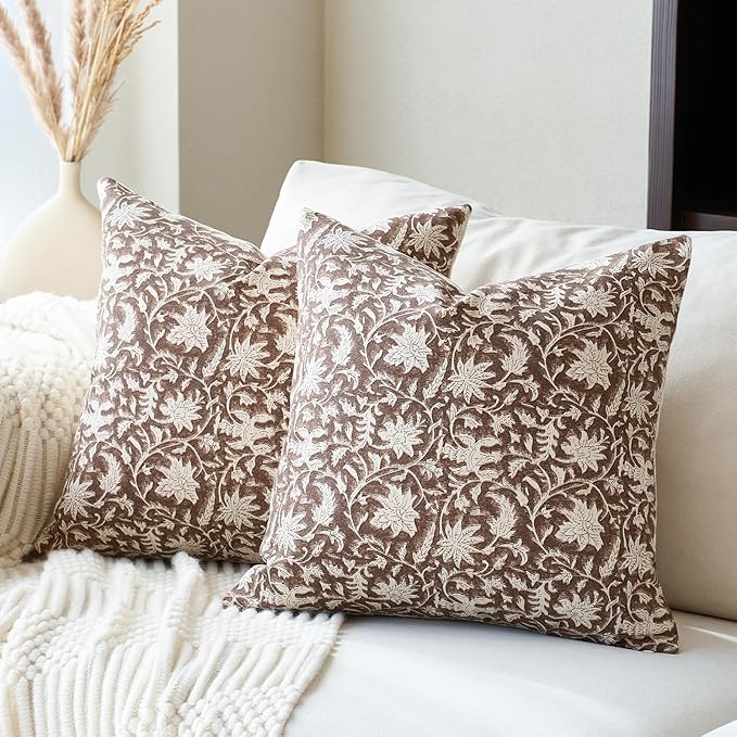 Floral Throw Pillow Covers 24x24 Farmhouse Block Print Pillow Covers Decorative Pillow Covers Couch Pillows for Living Room Vintage Accent Sofa Pillows Set of 2, Brown