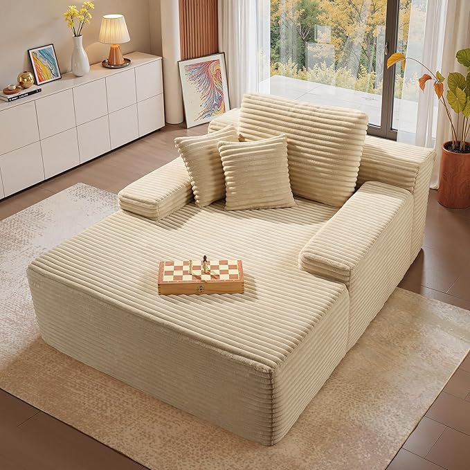 Chaise Lounge Chair Indoor, 67" Oversized Comfy Plush Fur Sleeper Sofa Bed, Boneless Upholstered Recliner Bed with Pillows and Wide Armrests, Modern Cloud Couch for Living Room, Beige