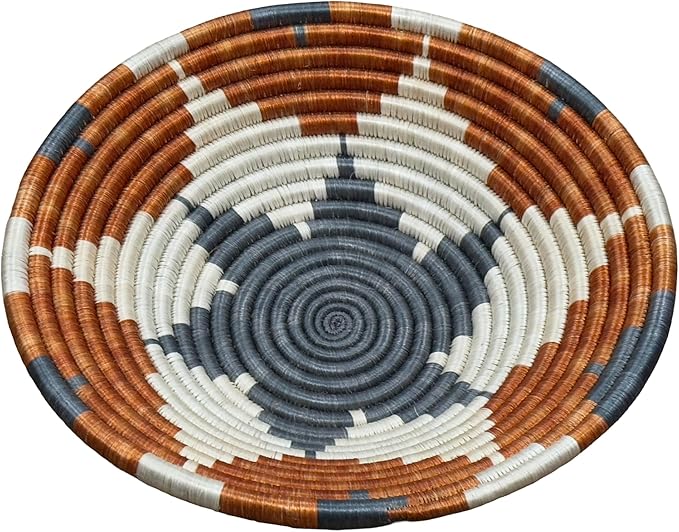 Handwoven African Basket Handmade sisal Fruit Bowl Wall Hanging decorative Baskets for Home Living Room Kitchen Centerpiece Zen Designs Arts and Crafts (Terracotta Grey White, 10in diameter)
