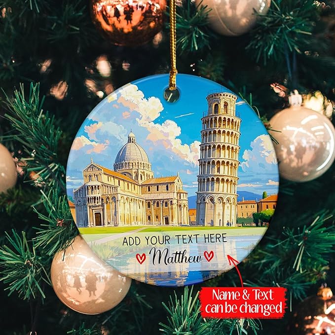 Leaning Tower of Pisa Italy Ceramic Christmas Ornament 2025, Personalized Pisa Italy Landscape Ornament for Xmas Tree, Custom Text/Name Italian Vacation Keepsake Ornaments Gift for Family Friends
