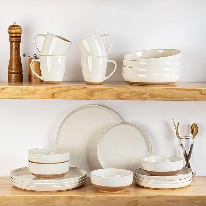 AmorArc 32 Pieces Ceramic Dinnerware Sets for 8, Handpainted Plates and Bowls Set with Rustic Terracotta Underside, Scratch Resistant Stoneware Dishes Set, Dishwasher & Microwave Safe, Light Beige