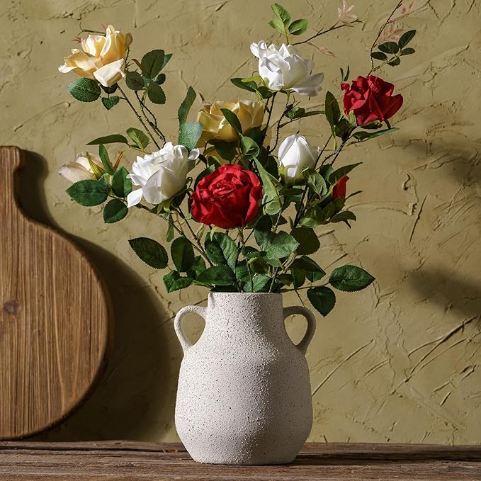 Vintage Farmhouse Flower Round Ceramic Vase with 2 Handles, Rustic Pampas Grass Vase, White Modern Decorative Flower Ceramic Vase for Home Decor, Table, Living Room Decoration, Office, 7.7 Inch