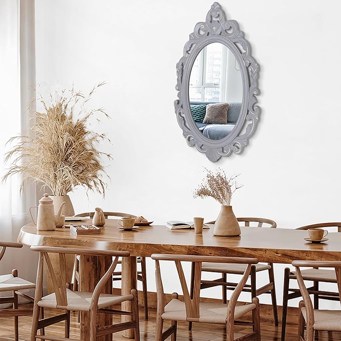 Vintage Hanging Wall Mirror Wall Decor 28"x20" Antique Oval Carved Wood Frame Bathroom Mirror Vanity Rustic Wall Mounted Mirrors Decorative Farmhouse Mirrors for Bedroom Living Room Grey